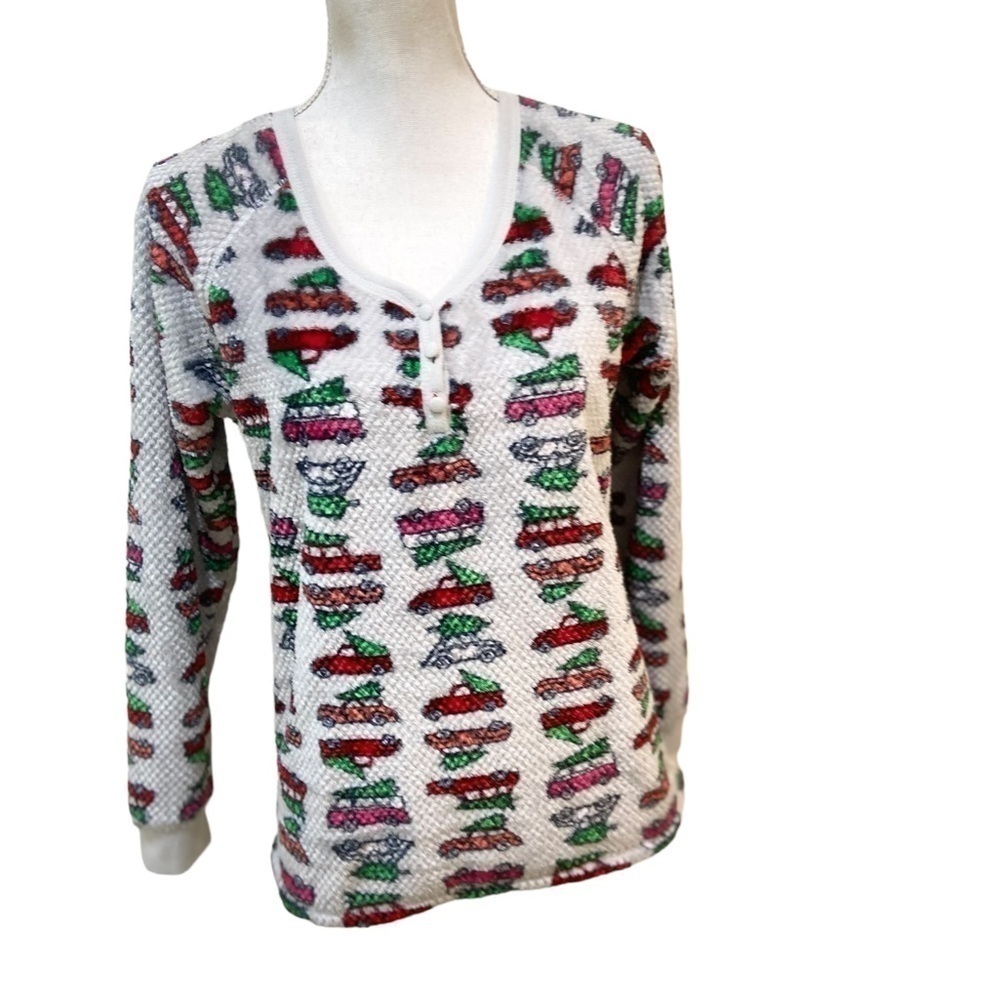 Muk Luks fuzzy fleece Christmas tree on cars print gray sweatshirt size small